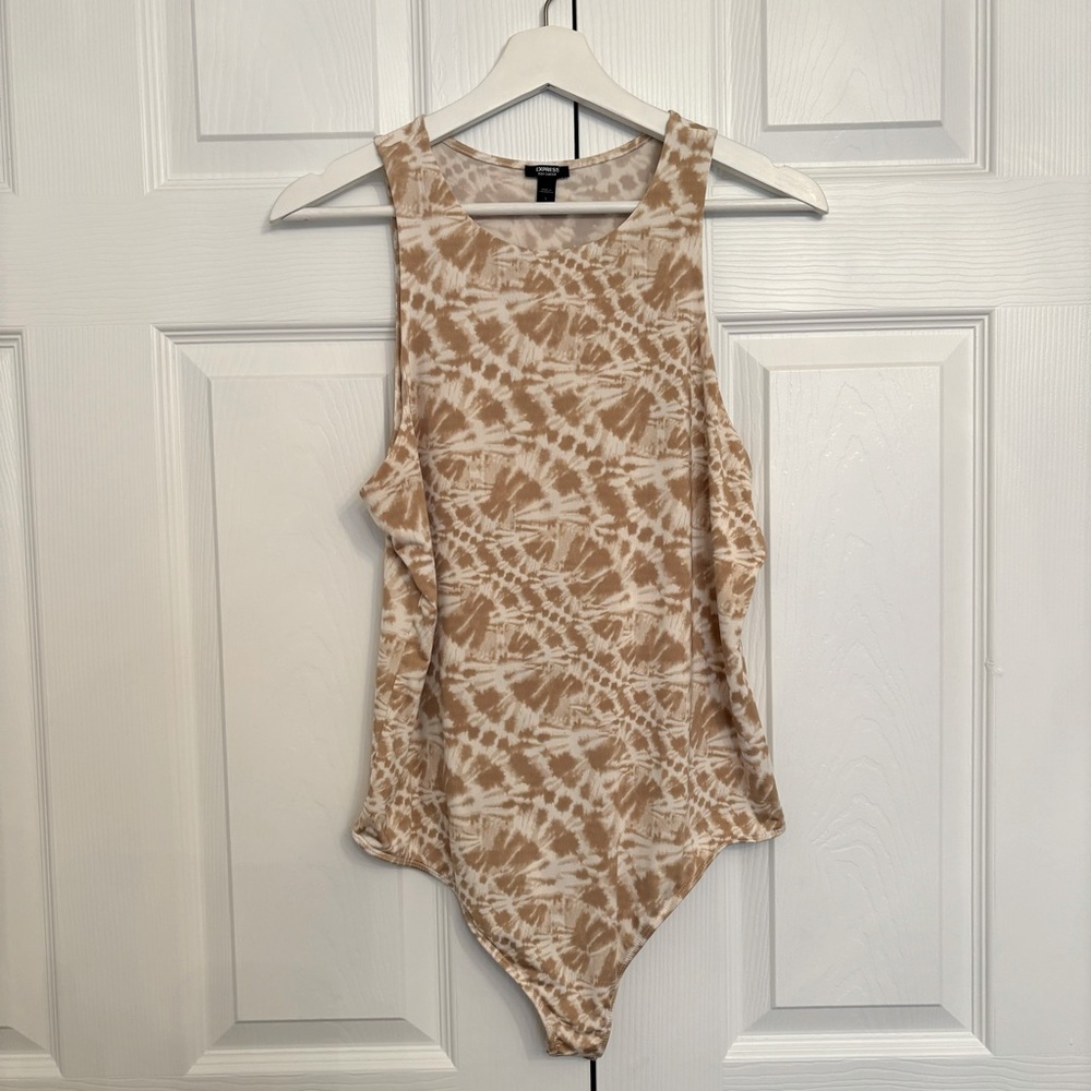 Body Con Bodysuit in Tan & White Tie-Dye